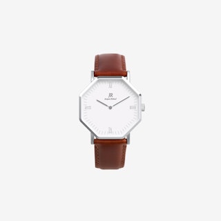 Premier Roman Silver Hexagonal Watch with Brown Leather Strap 36mm