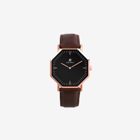 Lumiere Classic Rose Gold Hexagonal Watch with Dk Brown Leather Strap 36mm