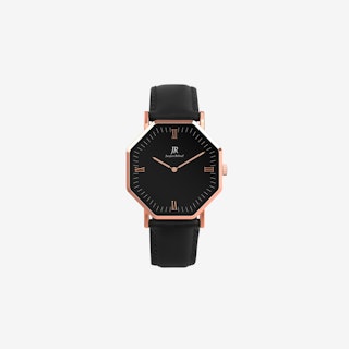 Lumiere Roman Rose Gold Hexagonal Watch with Black Leather Strap 36mm