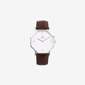 Premier Roman Silver Hexagonal Watch with Dk Brown Leather Strap 36mm