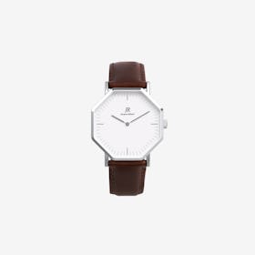 Premier Classic Silver Hexagonal Watch with Dk Brown Leather Strap 36mm