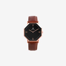 Lumiere Roman Rose Gold Hexagonal Watch with Brown Leather Strap 36mm