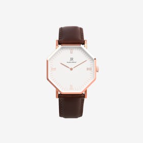 Lumiere Intense Roman Rose Gold Hexagonal Watch with Dk Brown Leather Strap 44mm