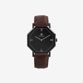 Nuit Noir Roman Black Hexagonal Watch with Dk Brown Leather Strap 44mm