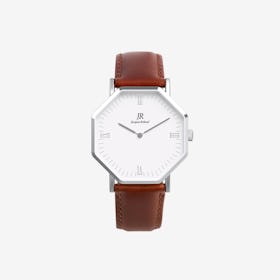 Premier Roman Silver Hexagonal Watch with Brown Leather Strap 44mm