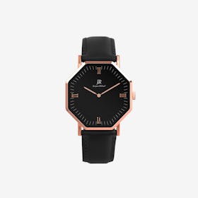 Lumiere Roman Rose Gold Hexagonal Watch with Black Leather Strap 44mm