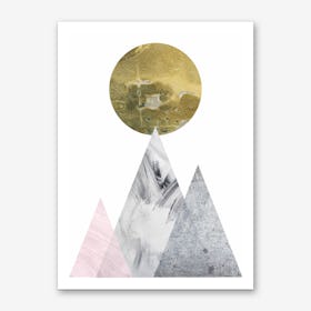 Large Gold Moon With Pink and Grey Mountains Art Print