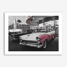 Vintage America Pink Car at Diner Art Print