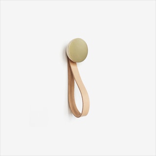 Round Beech Wood & Brass Wall Hook with Leather Strap