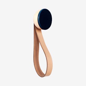 Round Wall Coat Hook / Hanger with Strap - Dark Blue - Beech Wood & Ceramic