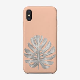 White Marble Monstera on Peach Wall iPhone Case