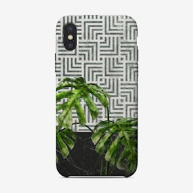 Monstera Leaves on Black Marble and Tiles iPhone Case