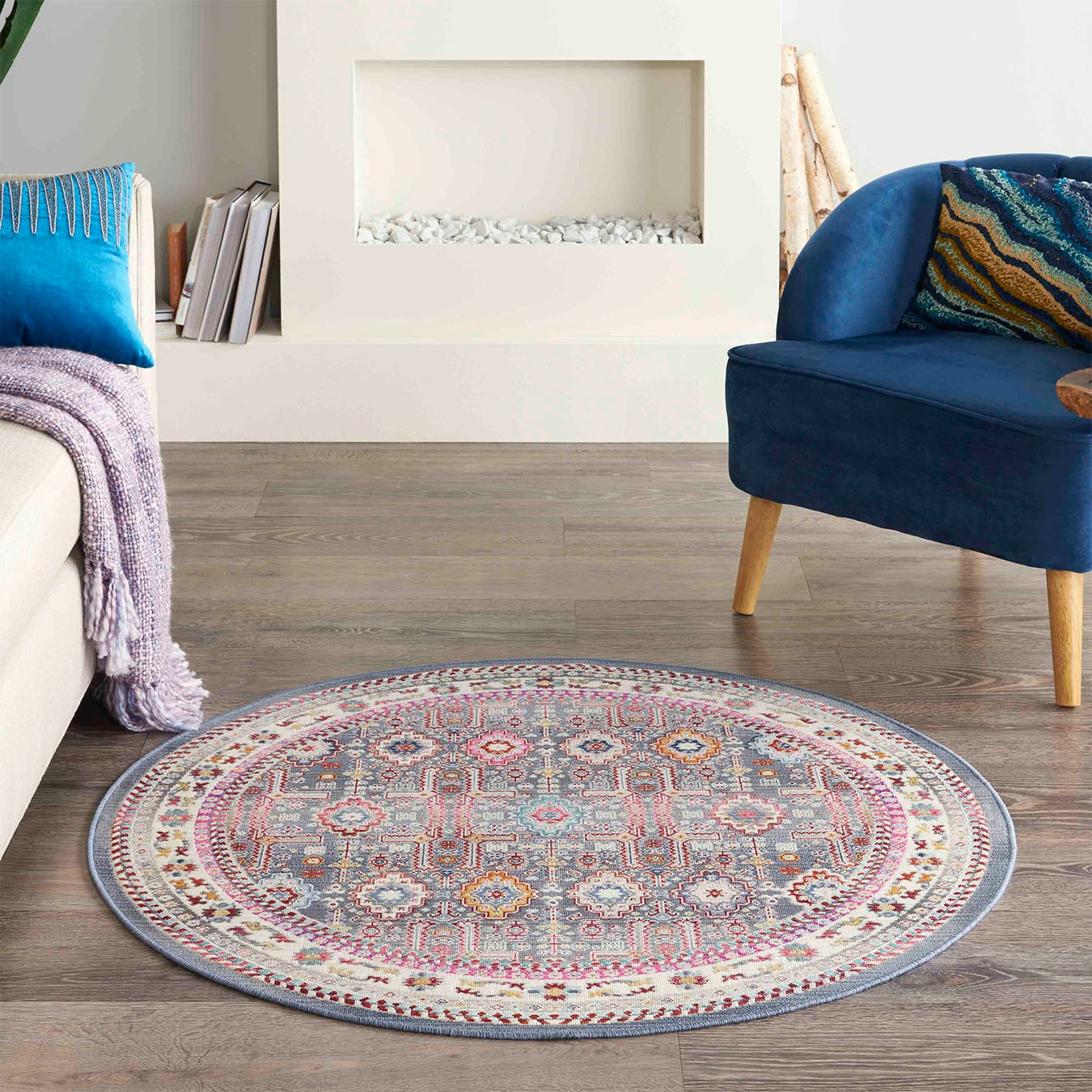Vintage Kashan Round Area Rug - Grey / Multicoloured by Nourison UK
