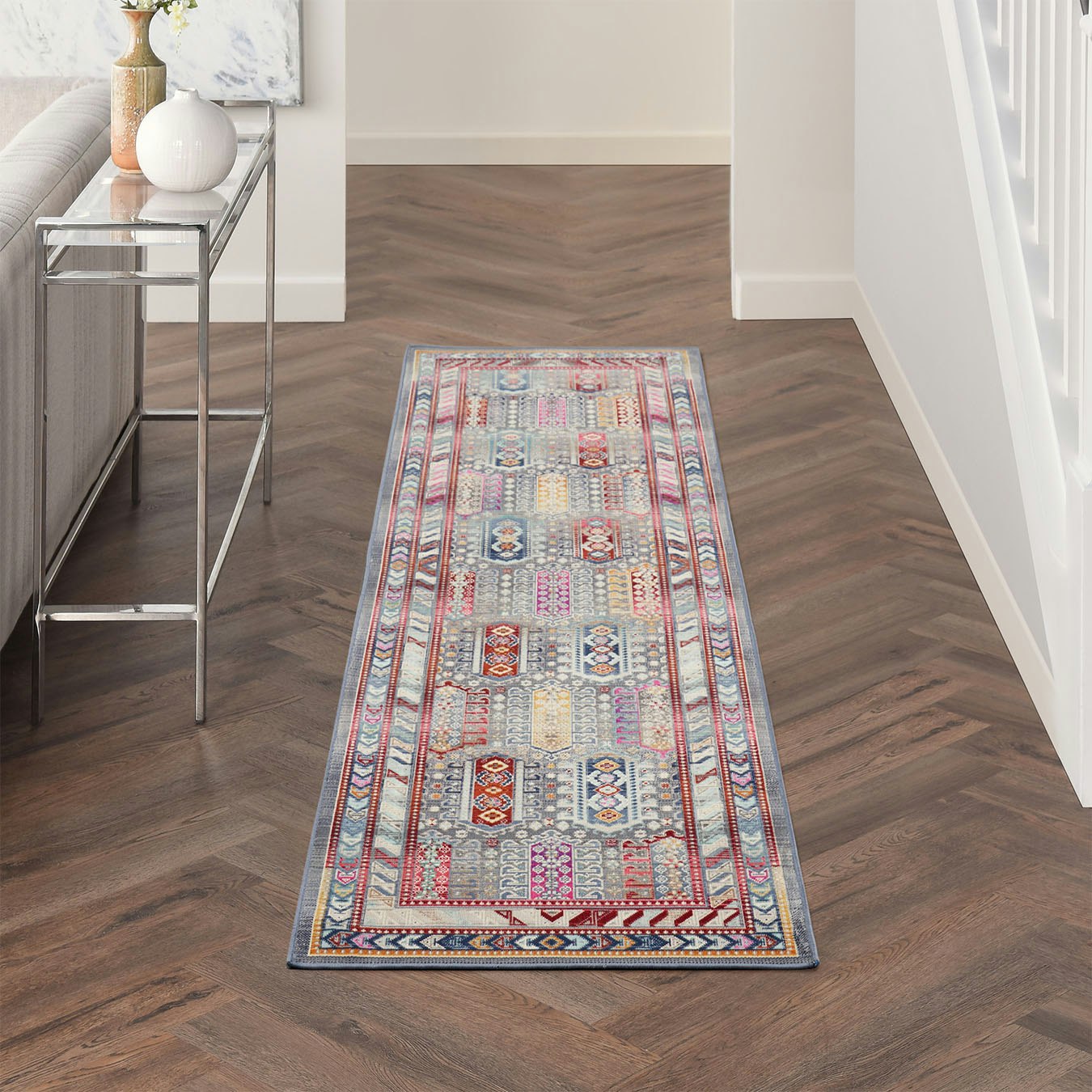 Vintage Kashan Runner Rug - Grey / Multicoloured - Lozenge Pattern by Nourison UK