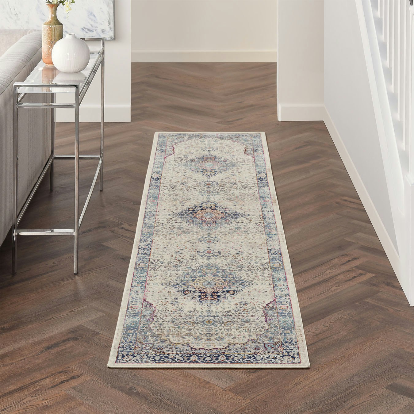 Vintage Kashan Runner Rug - Ivory / Blue by Nourison UK