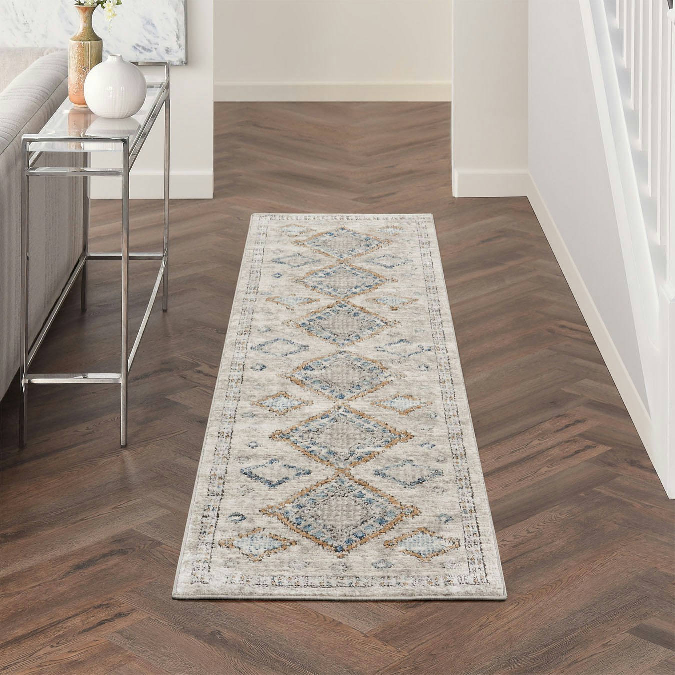 Quarry Runner Rug - Ivory / Grey / Blue by Nourison UK