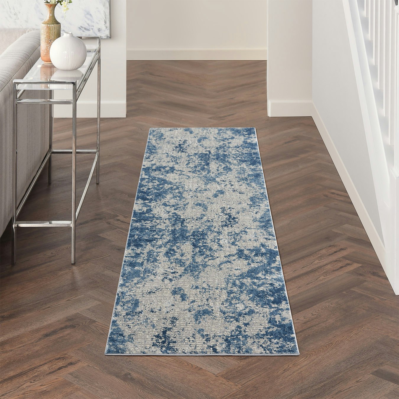 Rustic Textures Runner Rug - Grey / Lapis Blue by Nourison UK