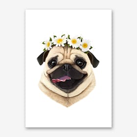 Pug With Flowers Art Print