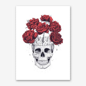 Skull With Red Peonies Art Print
