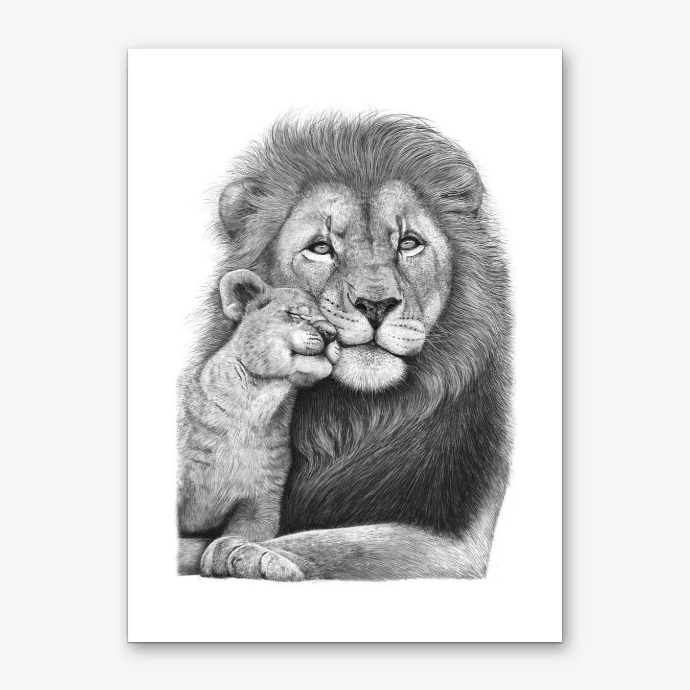 Lion and Cub Art Print Black and White Sketch for Living Room Framed Poster Wall Decor