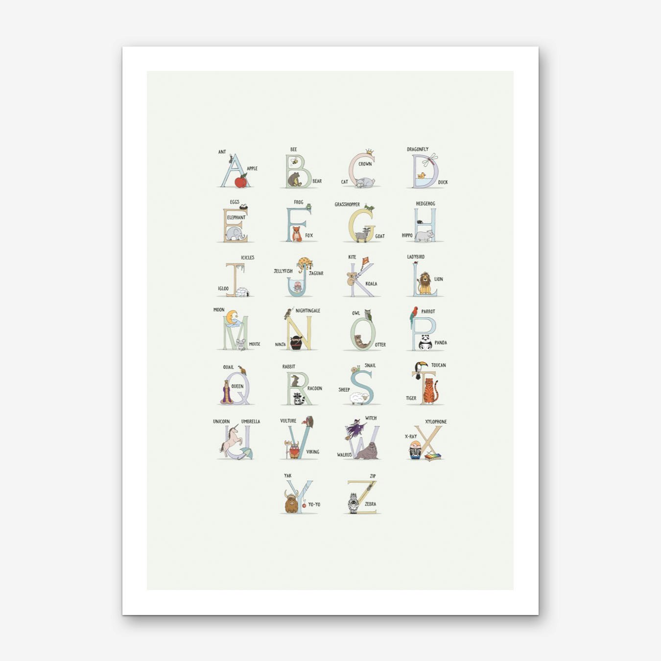 Alphabet Art Print Poster for Nursery Wall Beige Framed Illustration by Baldy and the Fidget