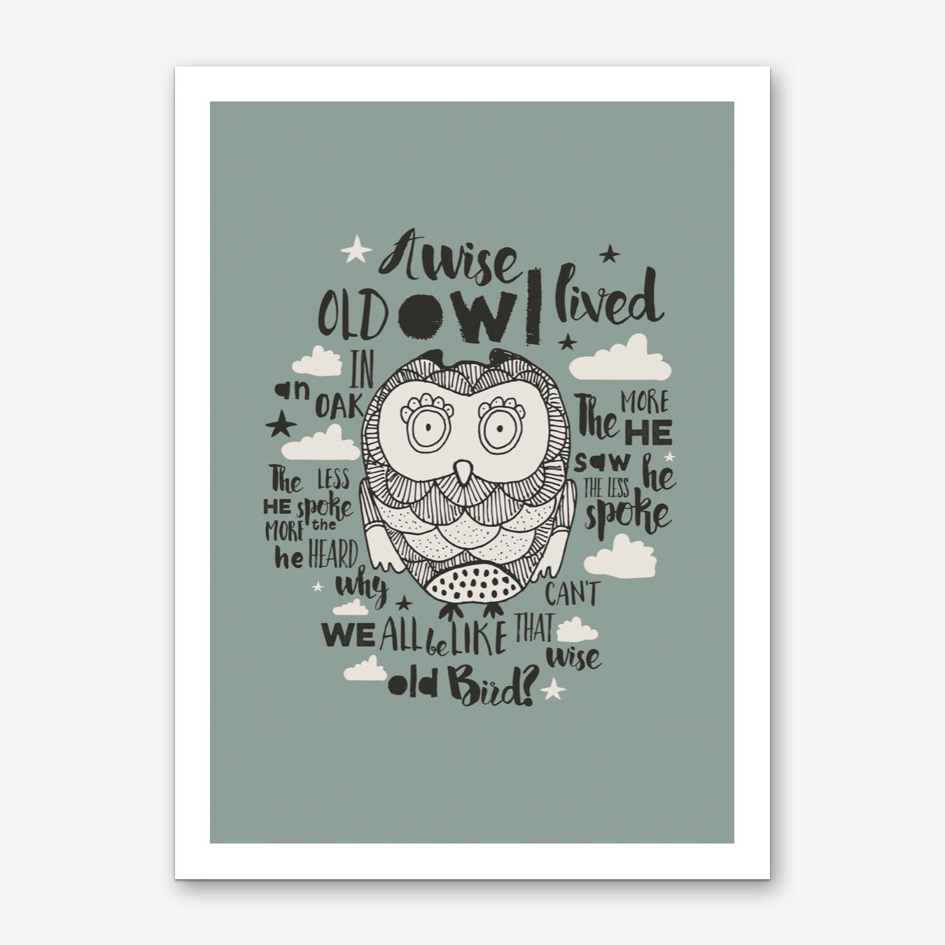 Wise Old Owl Art Print Poster Green Typography for Living Room Wall Decor Framed
