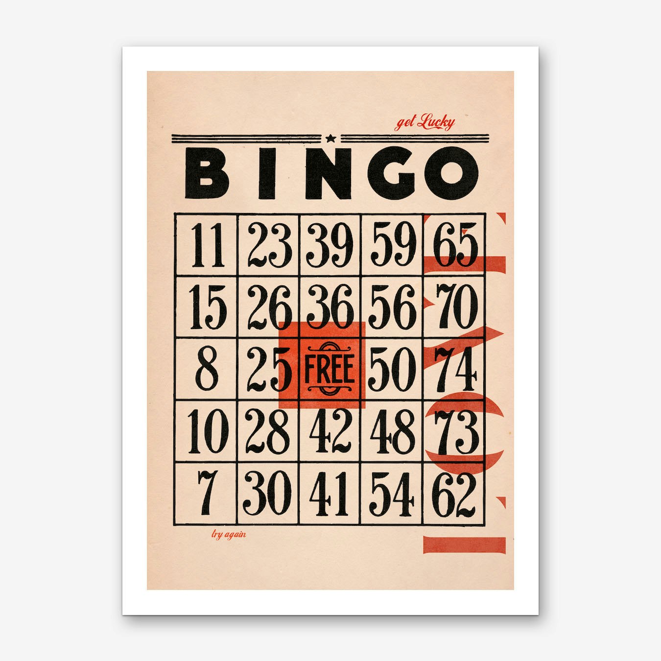 Bingo Art Print Vintage Style Red Wall Poster for Living Room Framed Option