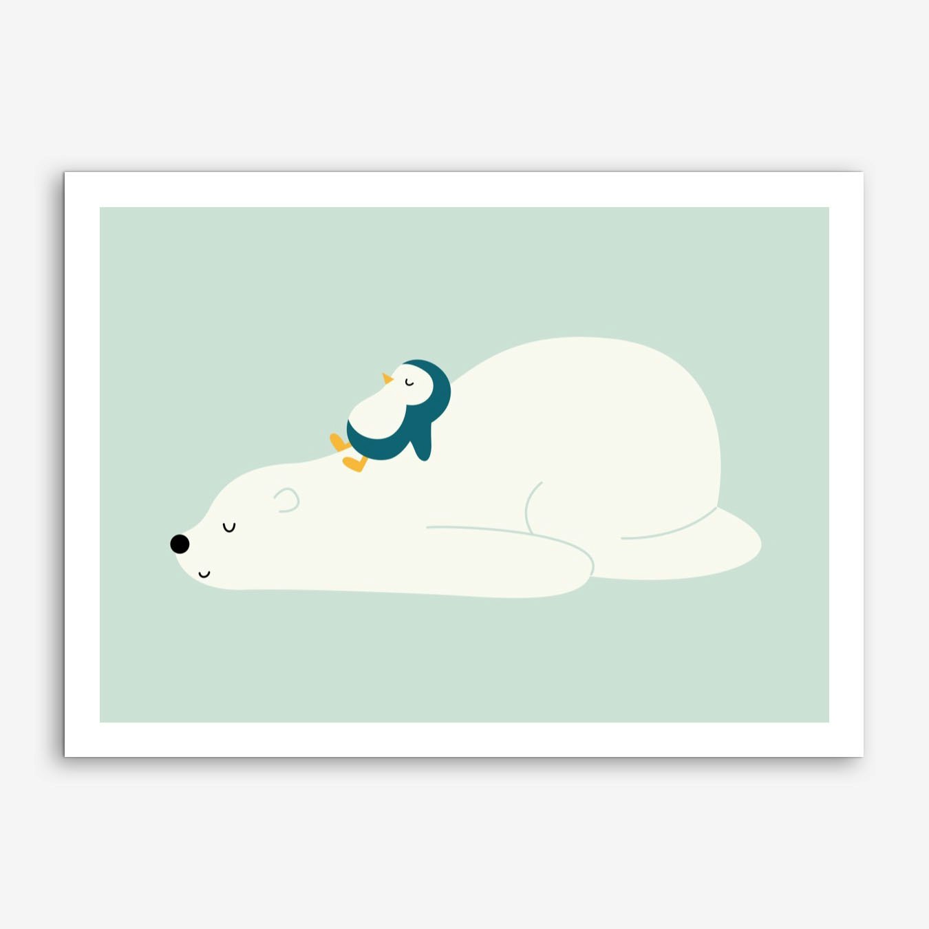 Polar Bear and Penguin Art Print Wall Poster Pastel Green for Nursery Framed Option