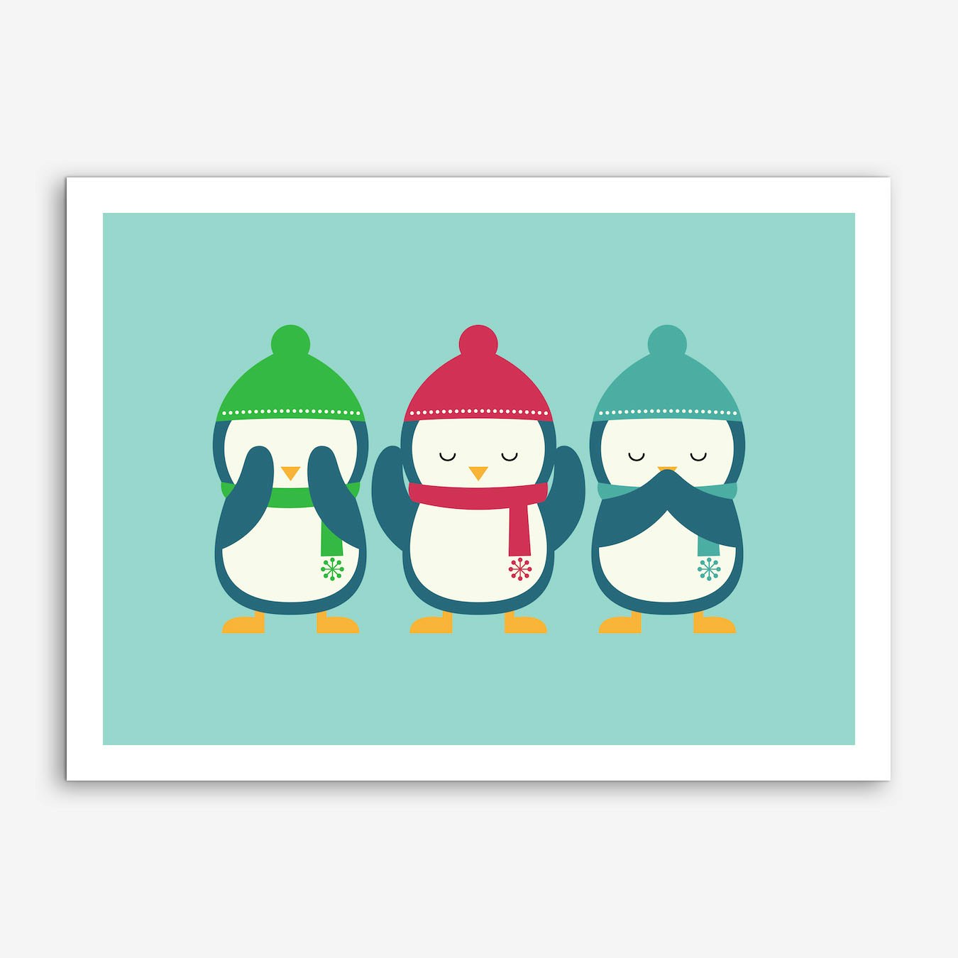 Penguin Holiday Art Print Poster by Andy Westface Teal Wall Decor Framed Option Playful Style