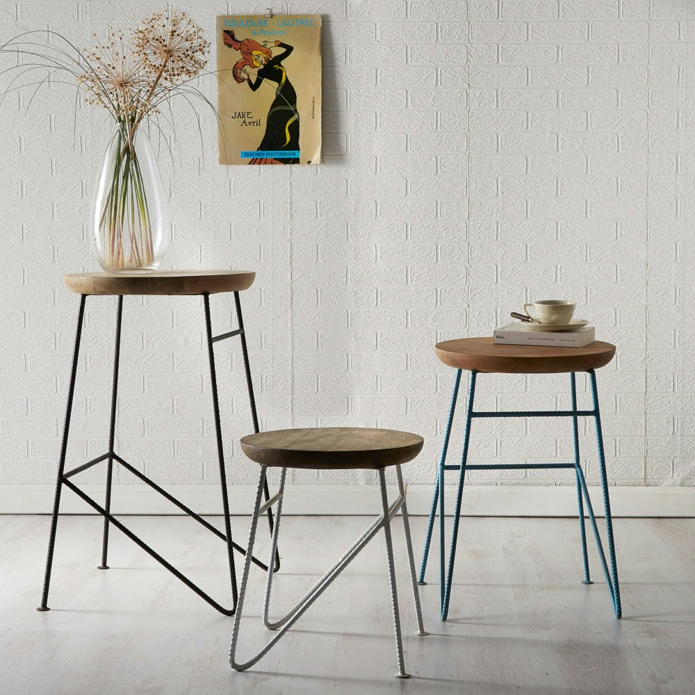 Wooden Large Set of 3 Stools by Indian Hub