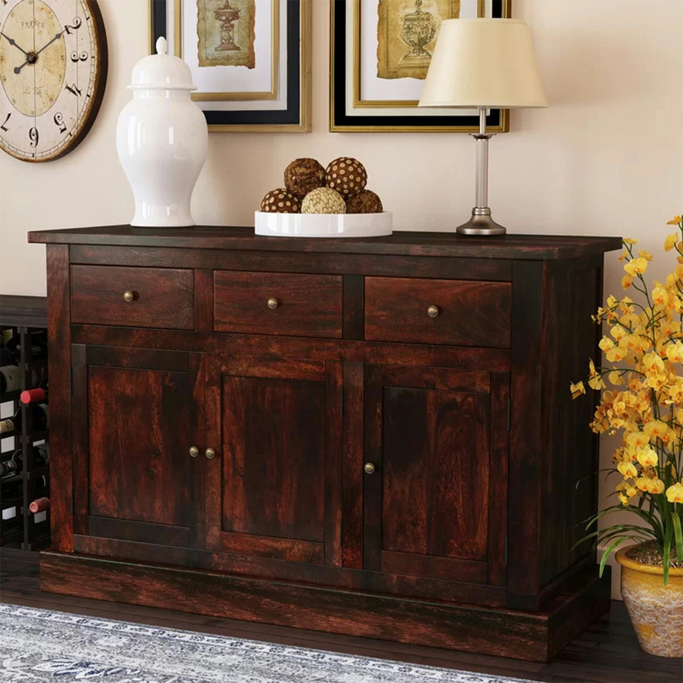 Jaipur 3-Drawer 3-Door Sideboard - Dark Mango Wood by Indian Hub