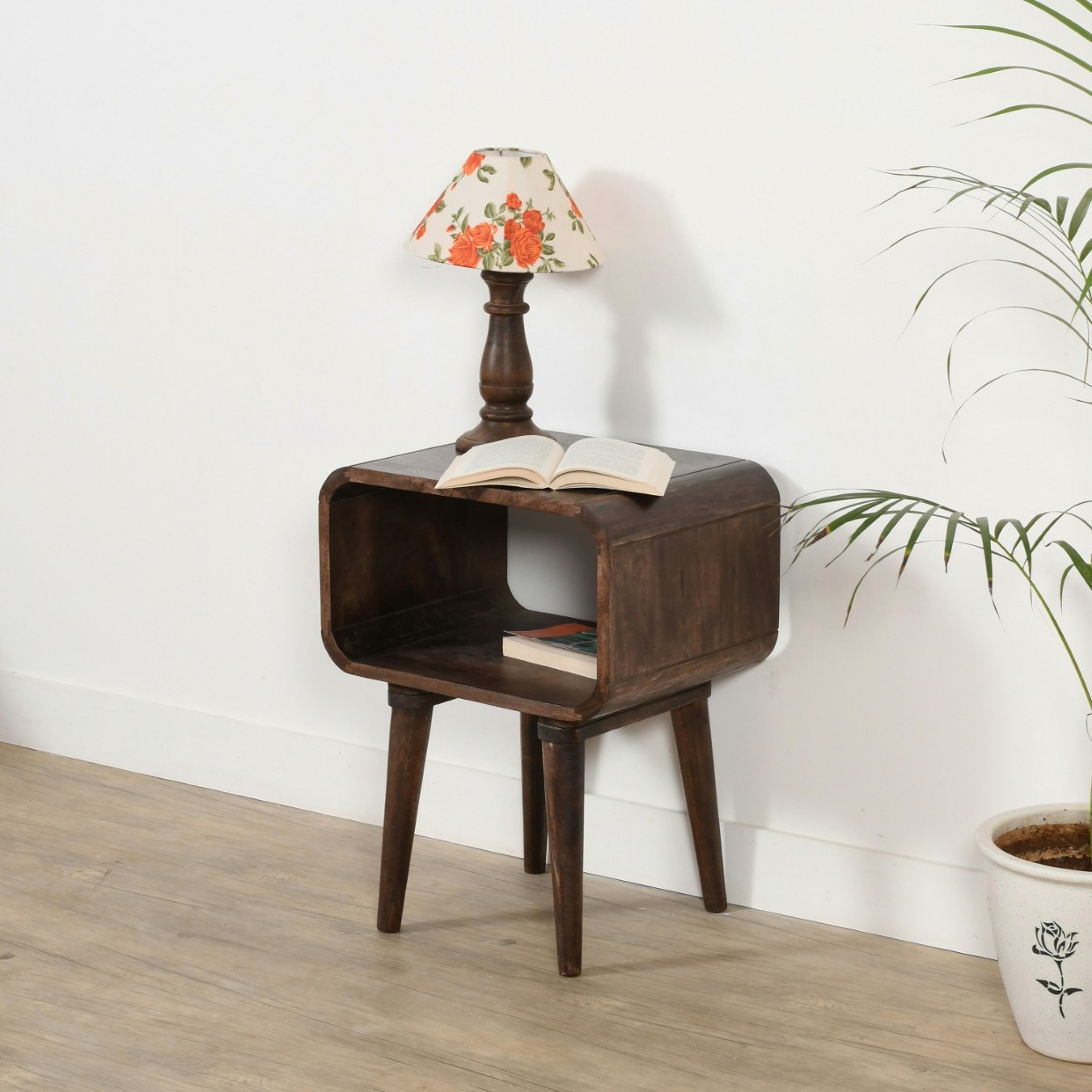 Benjamin Bedside Open Curve Edges Table - Dark Mango Wood by Indian Hub