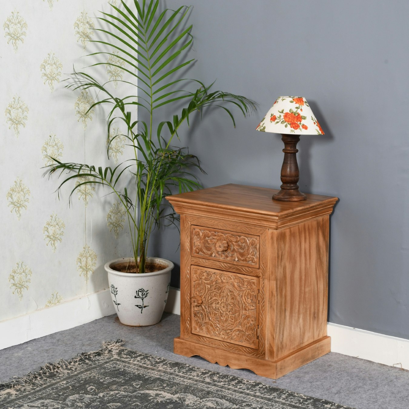 Engraved Bedside Table With Storage by Indian Hub