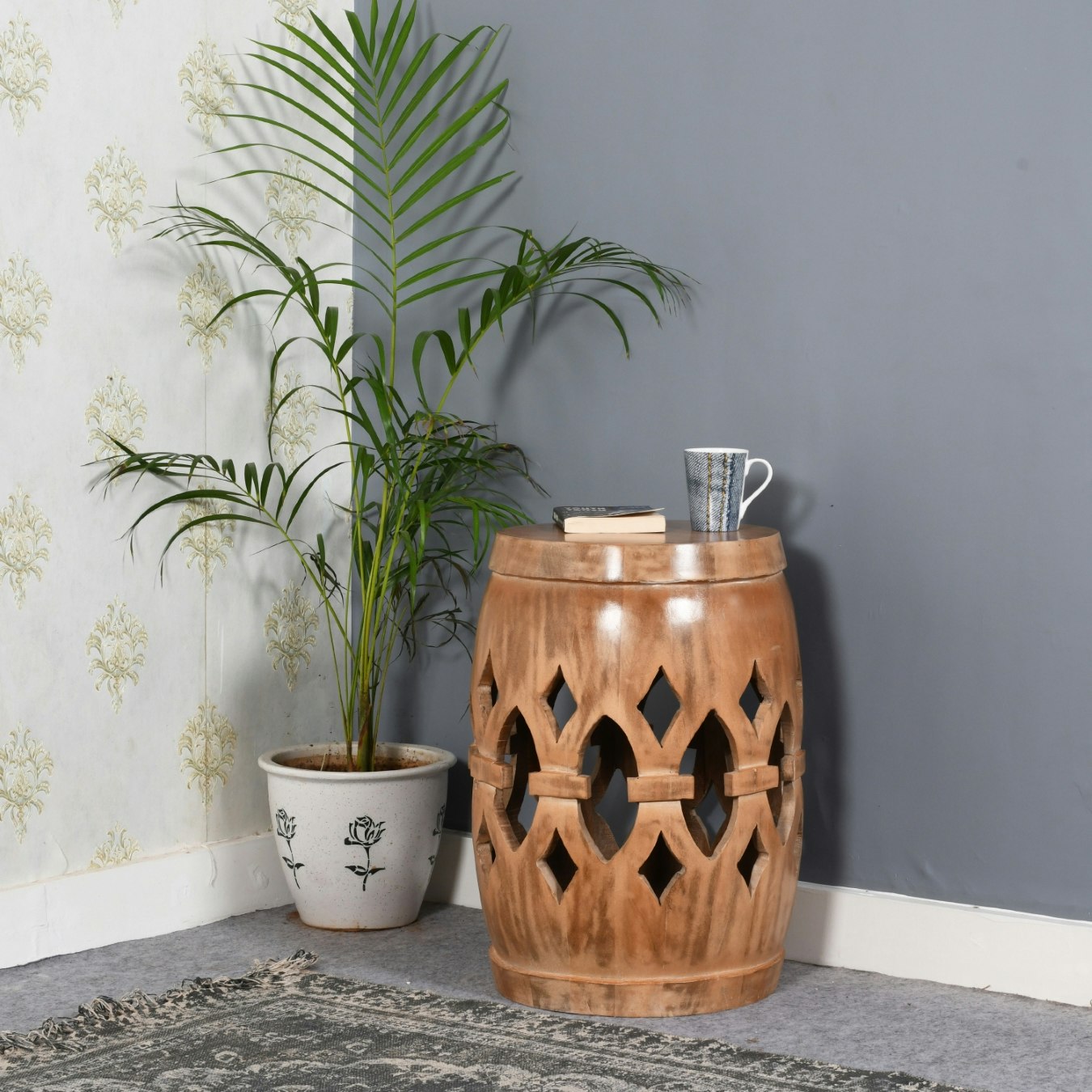 Engraved Side Table - Mango Wood by Indian Hub
