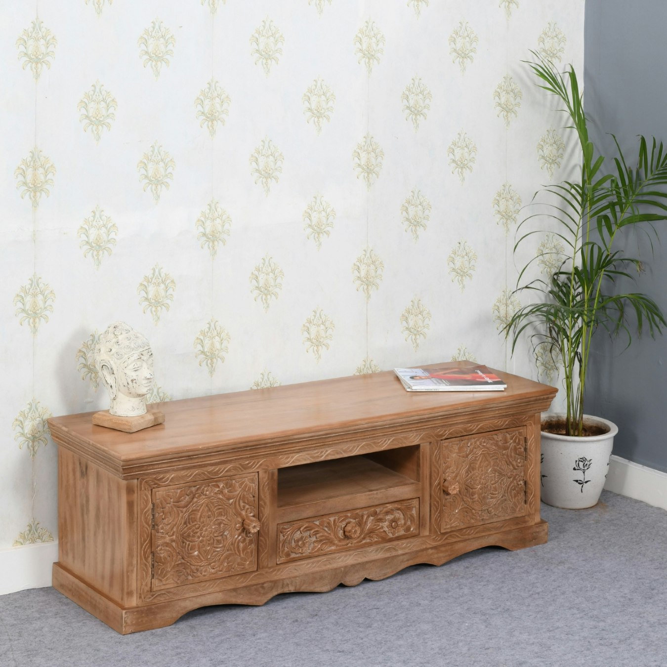 Engraved TV Cabinet - Mango Wood by Indian Hub