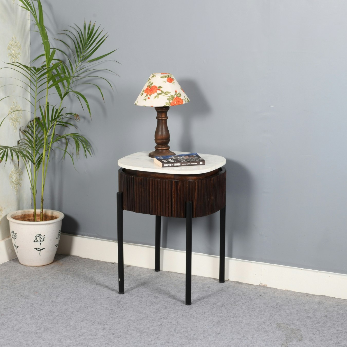 Lux Bedside Table With Marble Top & Metal Legs - Mango Wood by Indian Hub