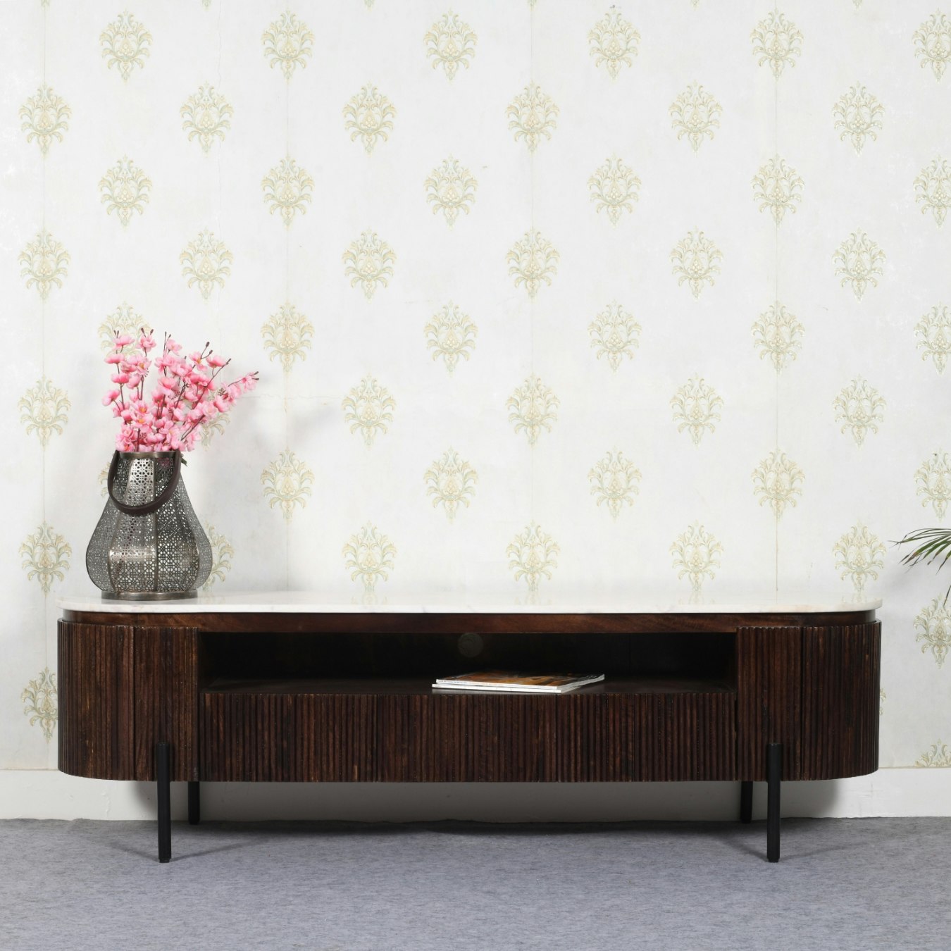 Lux Large TV Stand With Marble Top & Metal Legs - Mango Wood by Indian Hub