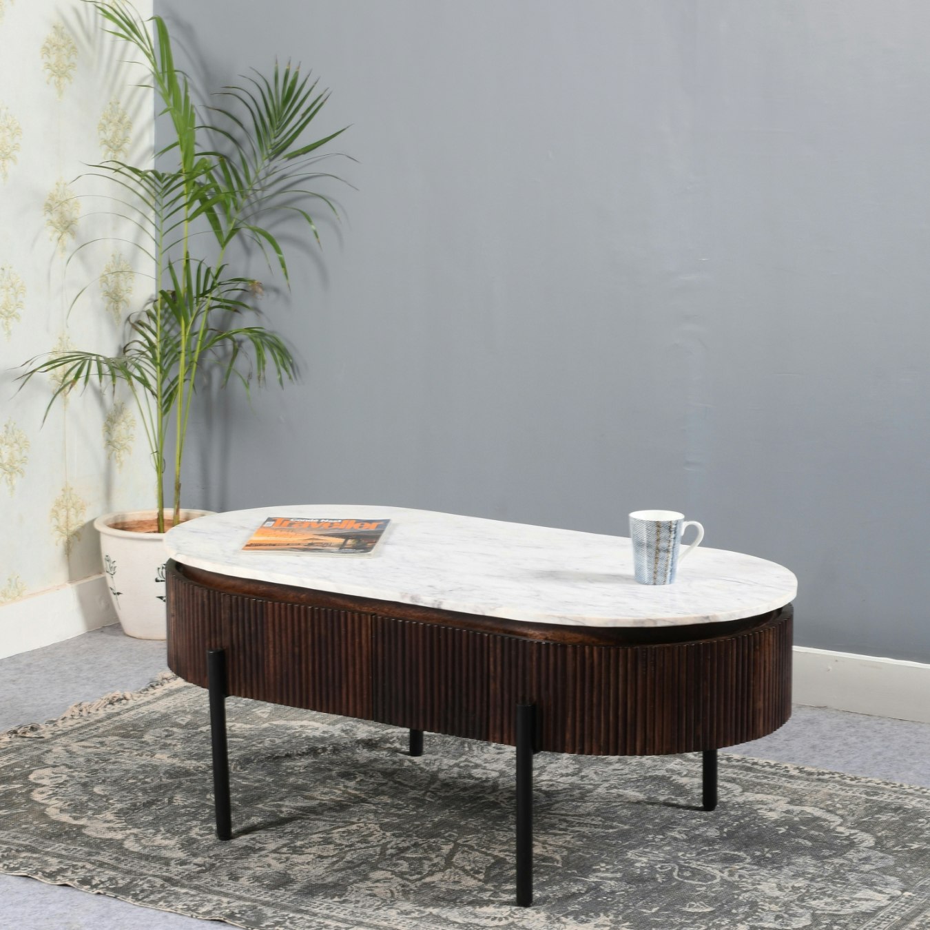 Lux Rectangular Fluted Coffee Table With Marble Top & Metal Legs - Mango Wood by Indian Hub