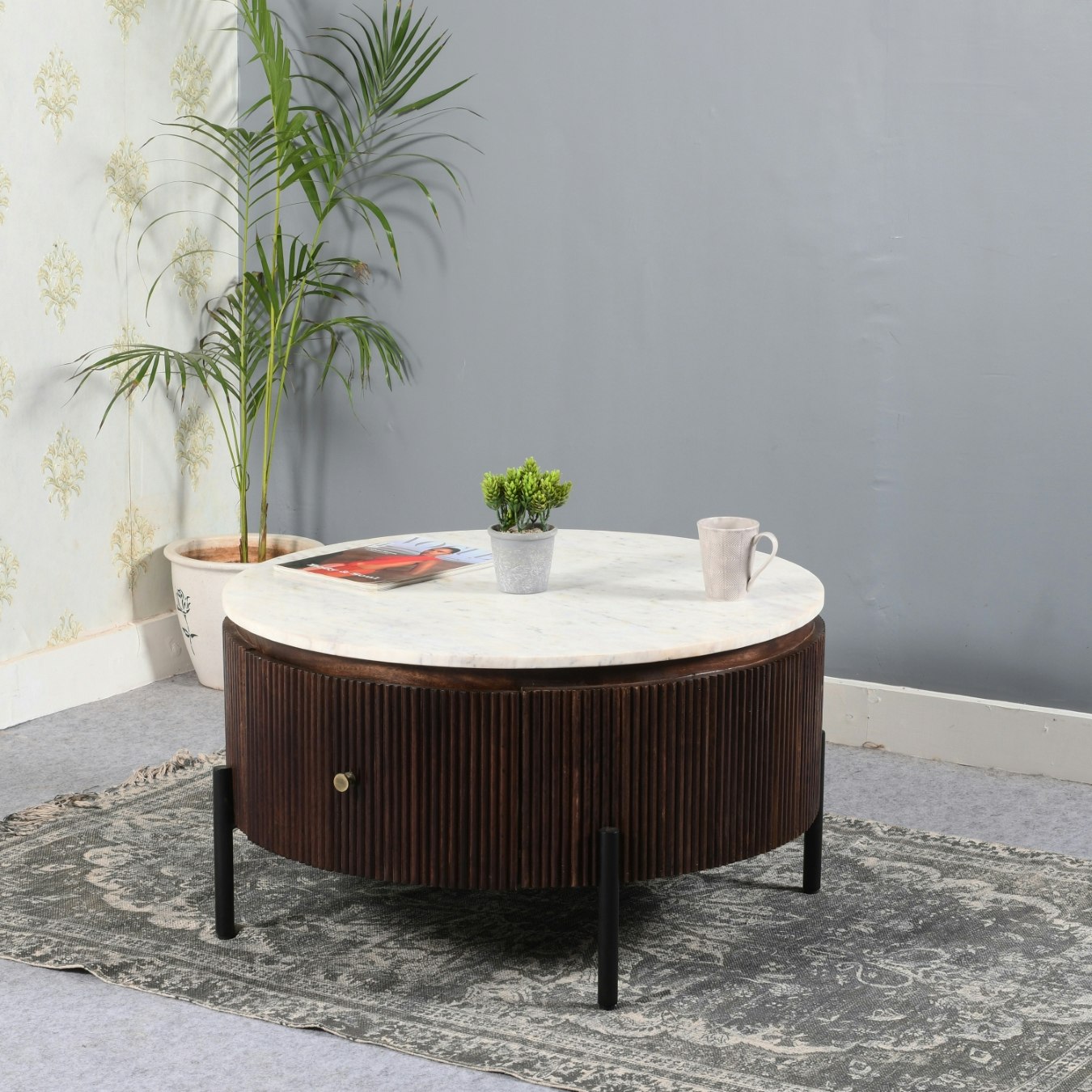 Lux Round Fluted Coffee Table With Marble Top & Metal Legs - Mango Wood by Indian Hub