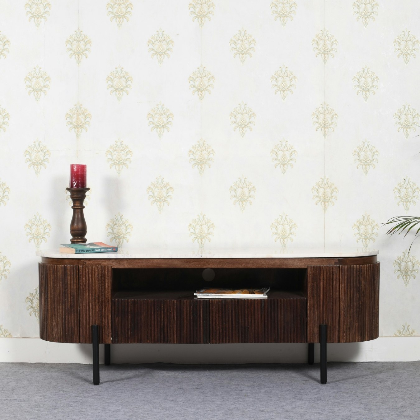 Lux TV Cabinet With Marble Top & Metal Legs - Mango Wood by Indian Hub