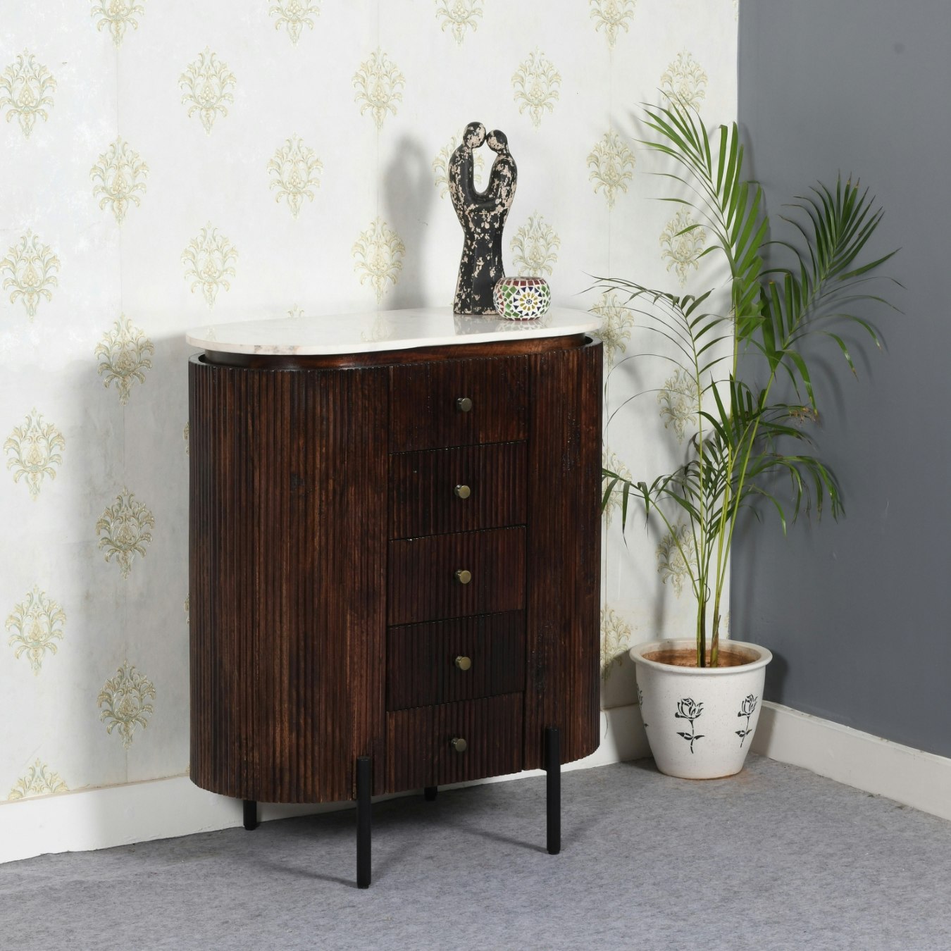 Lux Wide Chest Of Drawers with Marble Top & Metal Legs - Mango Wood by Indian Hub