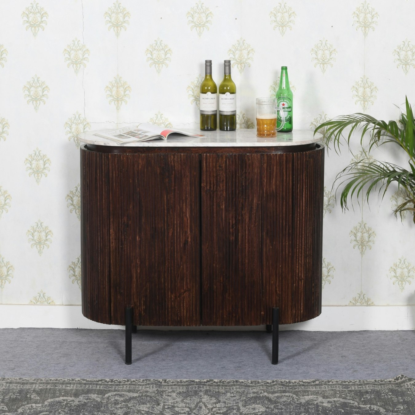 Lux Sideboard/Drinks Cabinet With Marble Top & Metal Legs - Solid Wood by Indian Hub