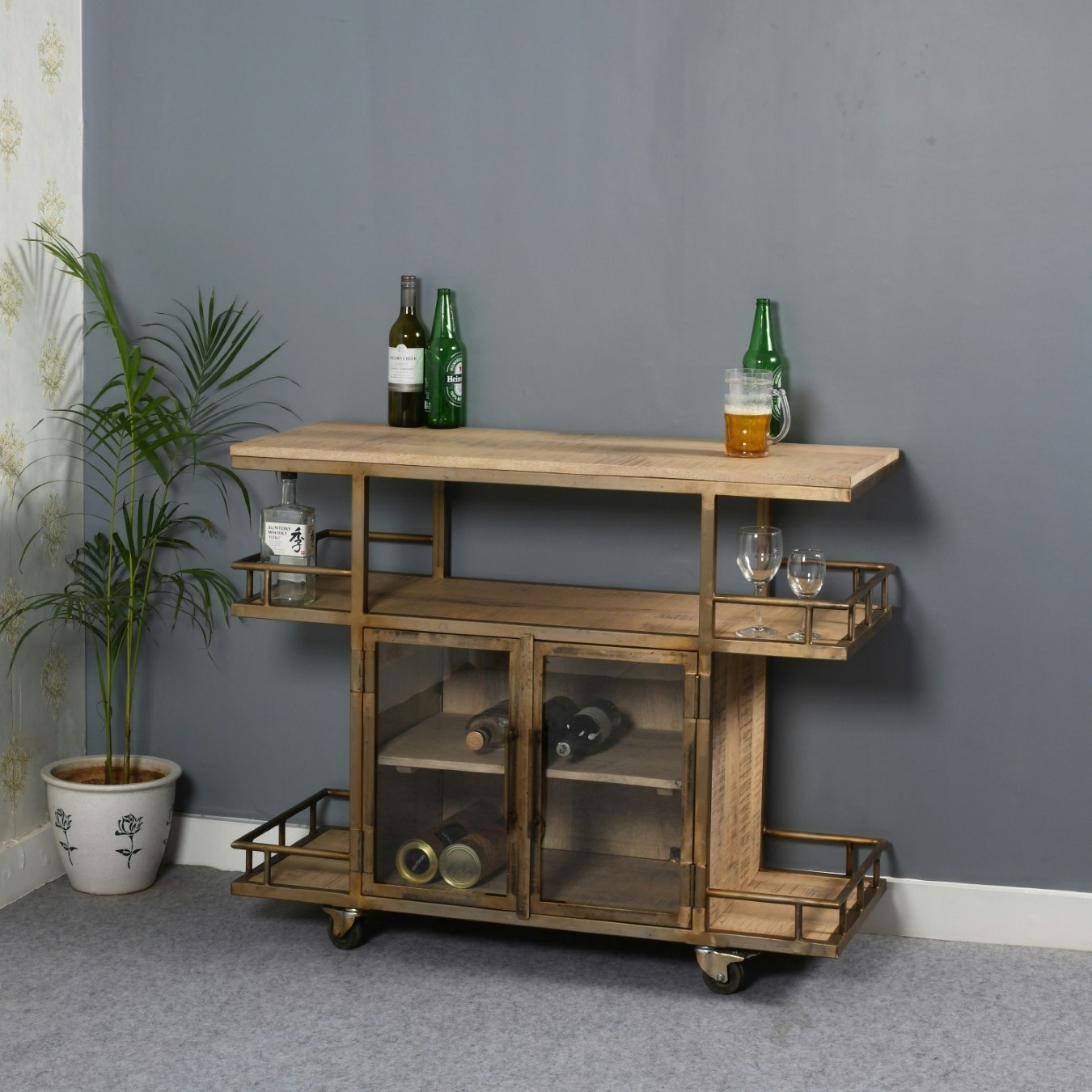 Natural Wood And Metal Bar Cart / Wine Trolley With Double Door Storage by Indian Hub