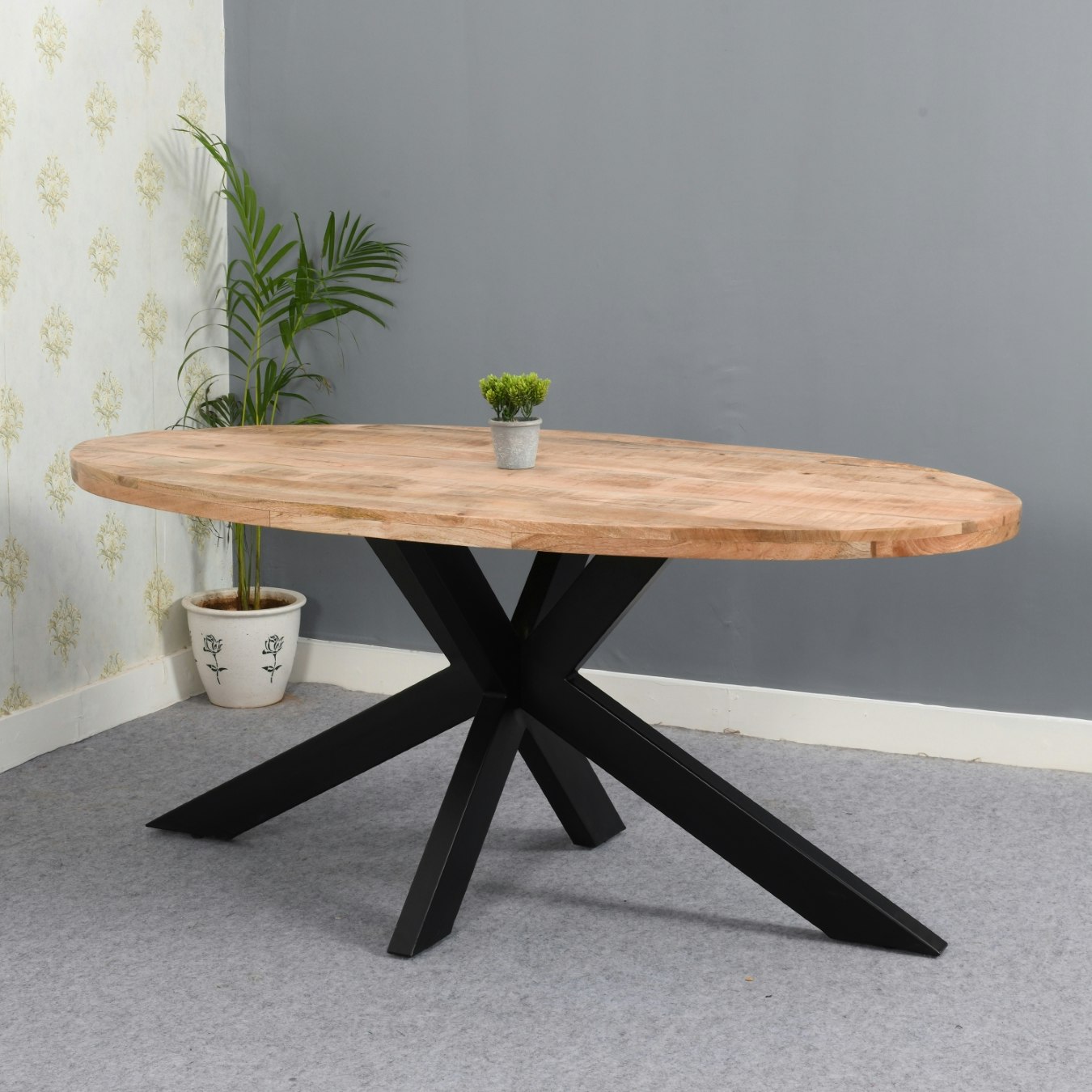 smyril & Metal Oval Dining Table 6-8 Seater - Solid Wood by Indian Hub