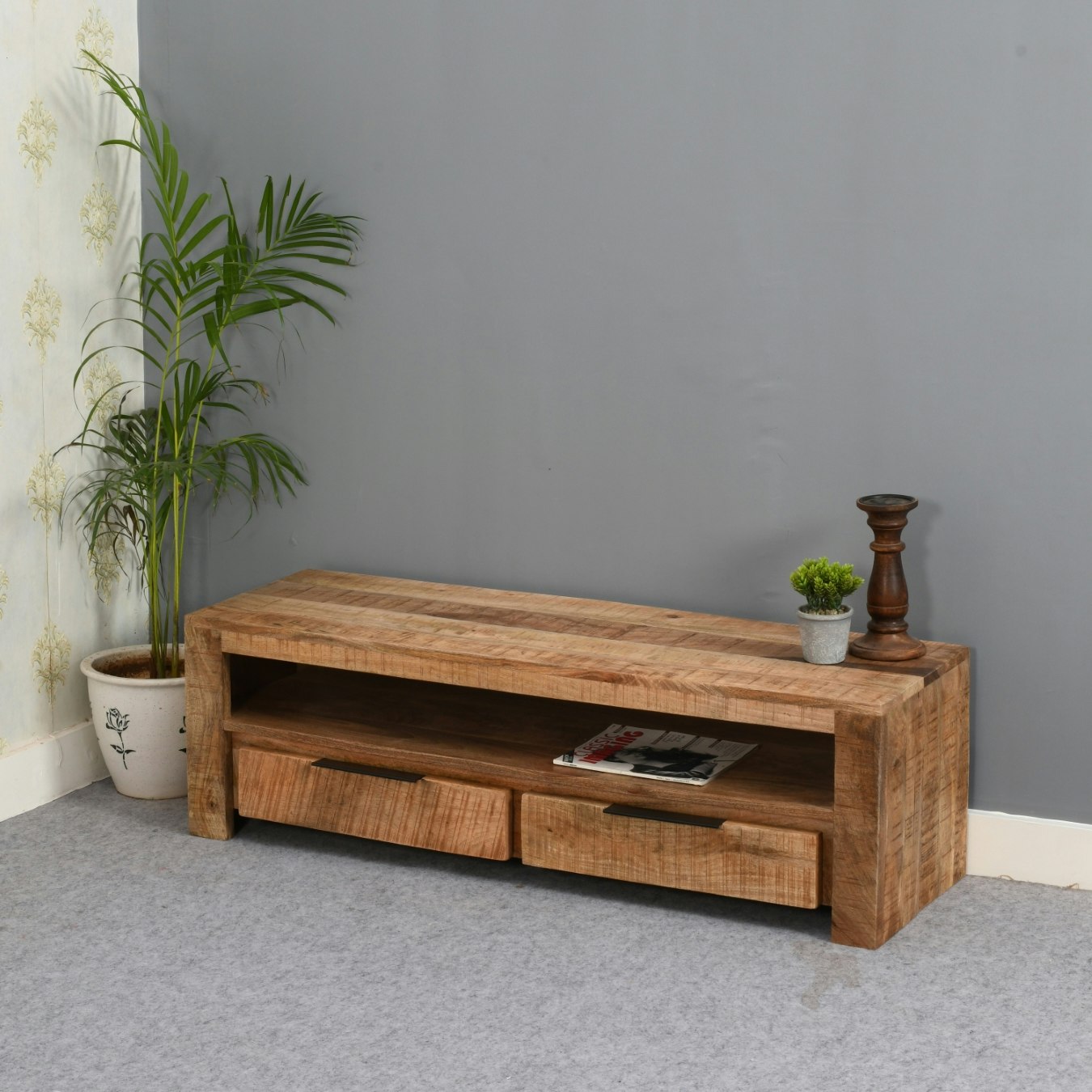 smyril TV Stand With 2 Drawers - Solid Wood by Indian Hub