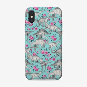 Dinosaurs and Roses - turquoise blue  iPhone Case