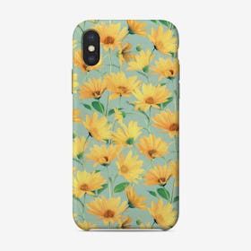 Painted Golden Yellow Daisies on soft sage green  iPhone Case