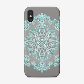Teal and Aqua Lace Mandala on Grey  iPhone Case