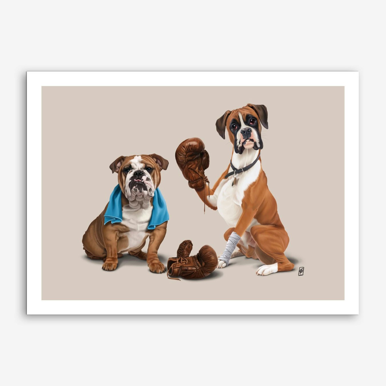 Boxer Bulldogs Art Print Poster by Rob Snow in Brown Cartoon Style for Living Room Wall Framed