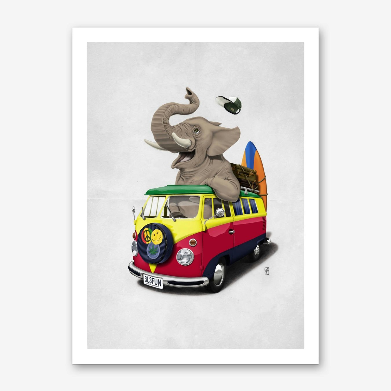 Elephant on Vintage Van Art Print Poster Rob Snow Colorful Framed Wall Decor Playroom